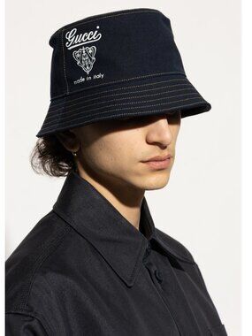 GUCCI HAT PRINTED COTTON CANVAS BUCKET w COAT OF ARMS DETAIL NAVY BLUE